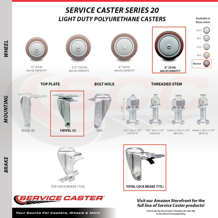 Service Caster 5 Inch Maroon Polyurethane Swivel Top Plate Caster Lock Brakes 2 Rigid SCC, 2PK SCC-TTL20S514-PPUB-MRN-2-R-2